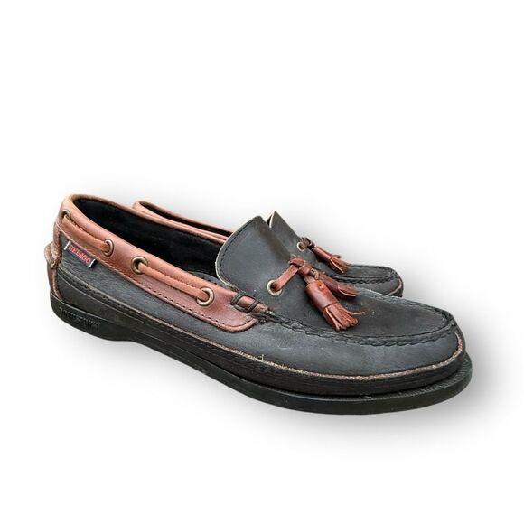 Sebago Tassel Loafers Two Tone Black Brown Leather Moc Shoes Women's size 8 - Picture 1 of 12